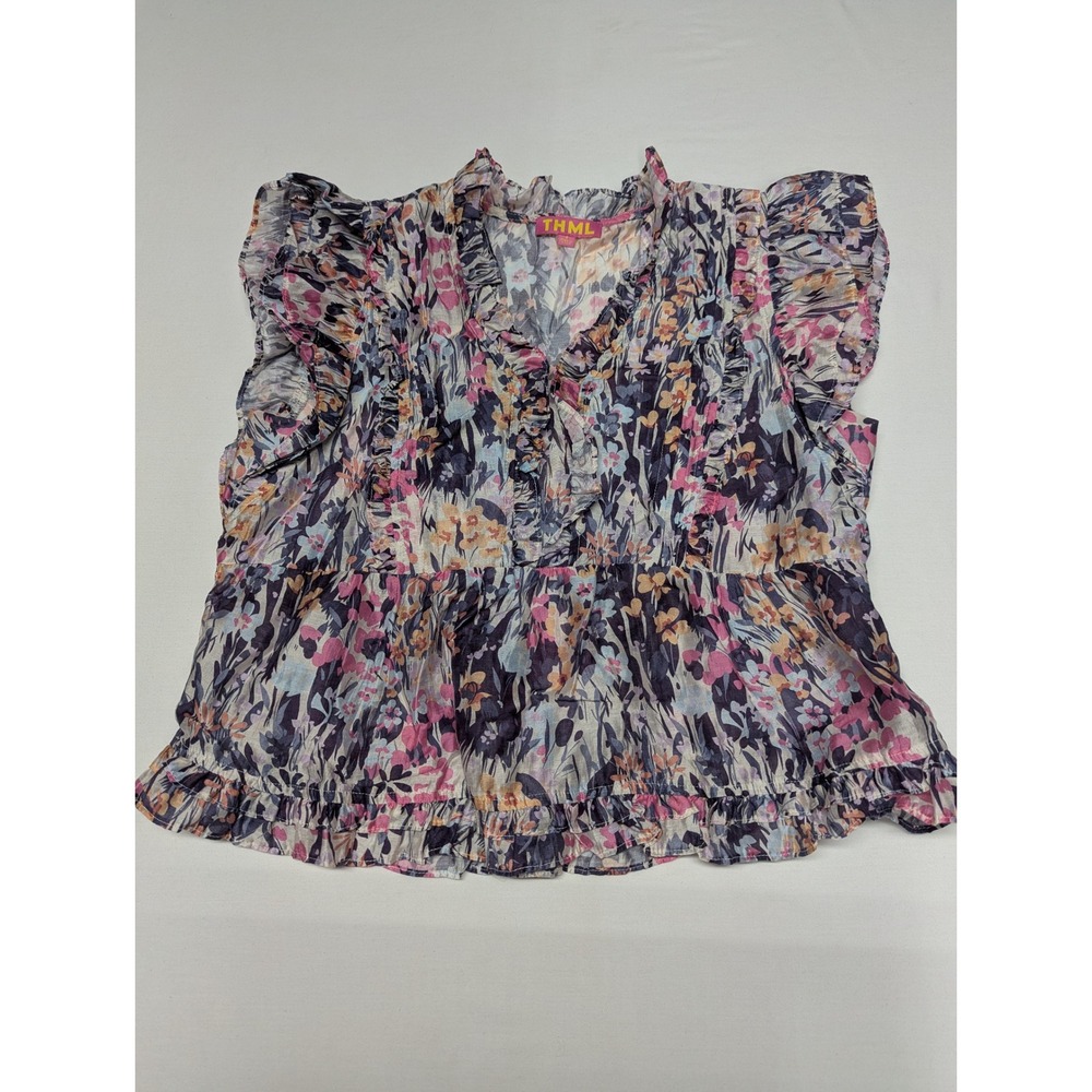 THML Womens‎ Small Floral Ruffle Peplum Top Sleeveless V-Neck Multicolor Blouse